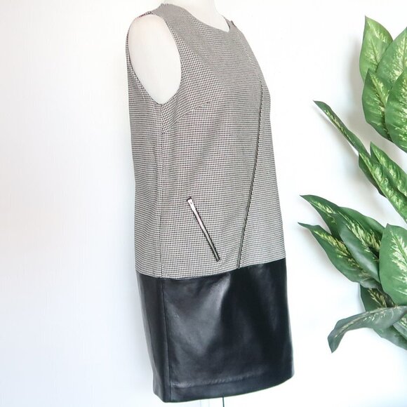 Dina Agam Anthropologie White Black Houndstooth & Lambskin Leather Sheath Dress - Picture 4 of 11